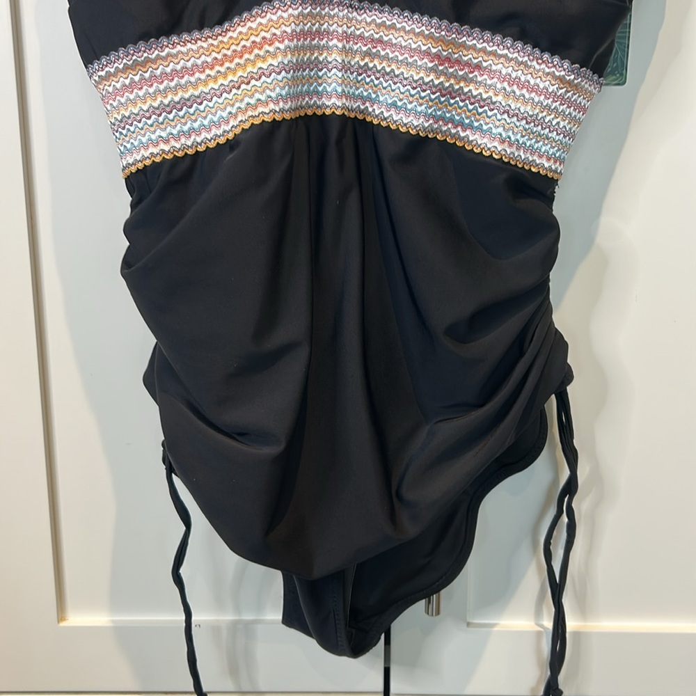 Black One Piece Tummy Control Swimsuit with Striped Waist - Picture 6 of 16